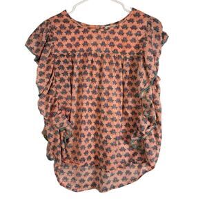World Market Boho Floral Ruffle Flutter Sleeve Blouse Top Peach Pink L XL